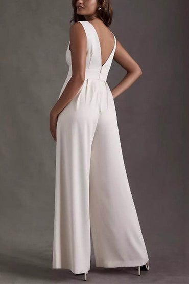 V-Neck Floor Length Chiffon Wedding Jumpsuit 916220687859 - COCOMELODY