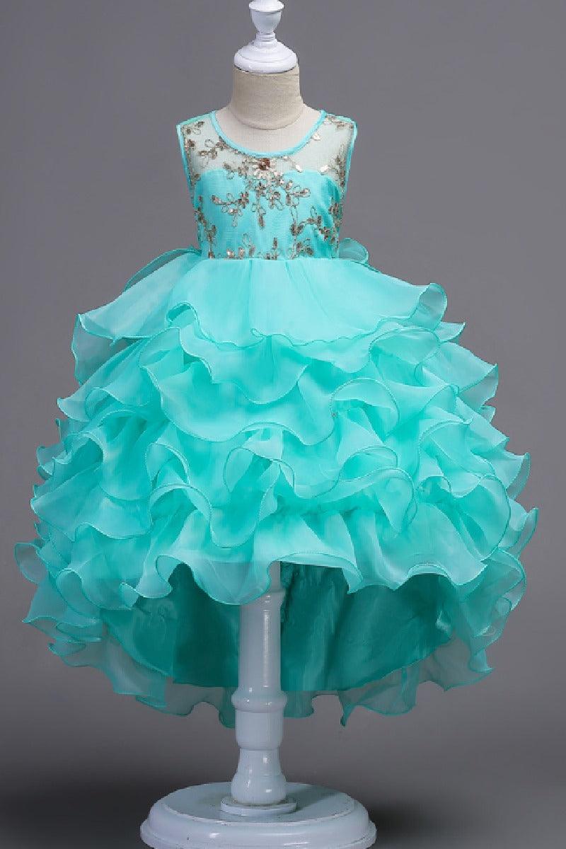Ball Gown Illusion Round Neck Sleeveless Ruffled Organza Flower Girl Dresses 1029091411303 - 7 Days / Turquoise / 100cm - COCOMELODY