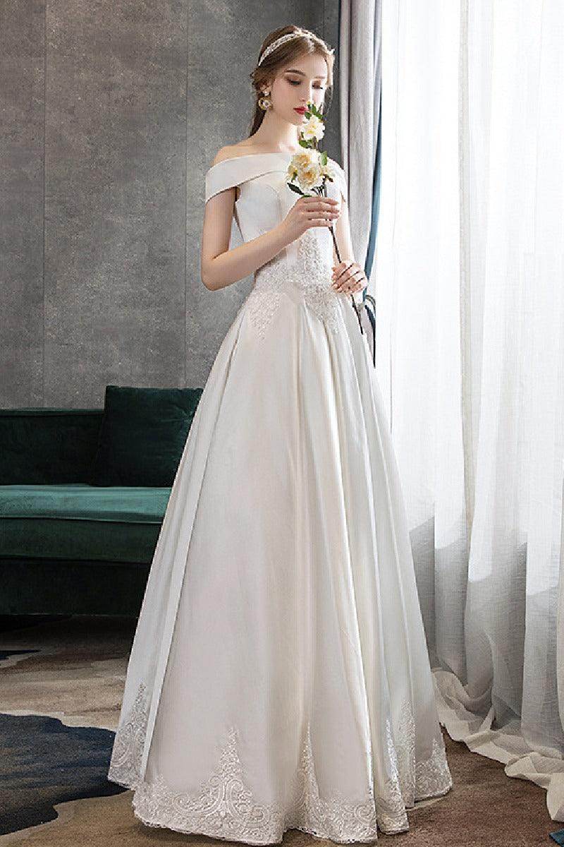 A-Line Floor Length Satin Wedding Dress 615186748563 - COCOMELODY
