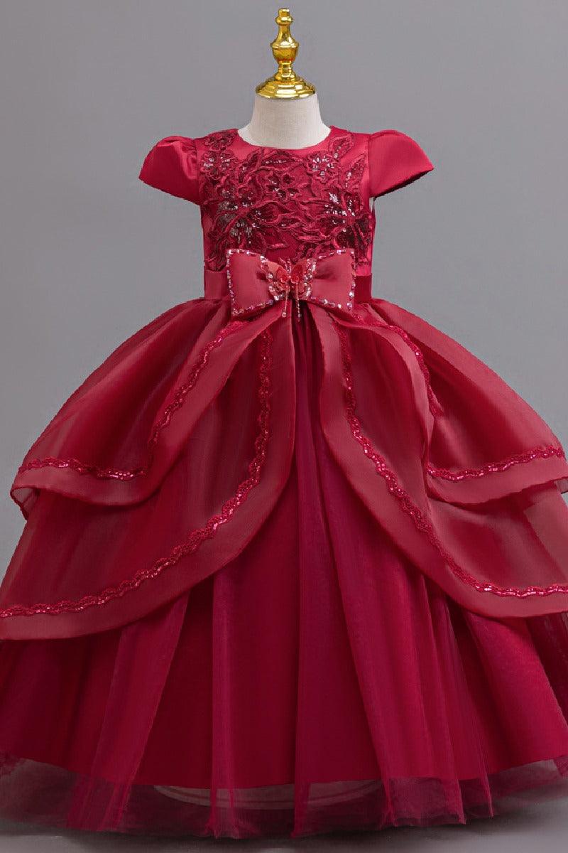 A-Line Round Neck Cap Sleeve Floor Length Ruffled Tulle Flower Girl Dresses 1028258095884 - 7 Days / Burgundy / 110cm - COCOMELODY