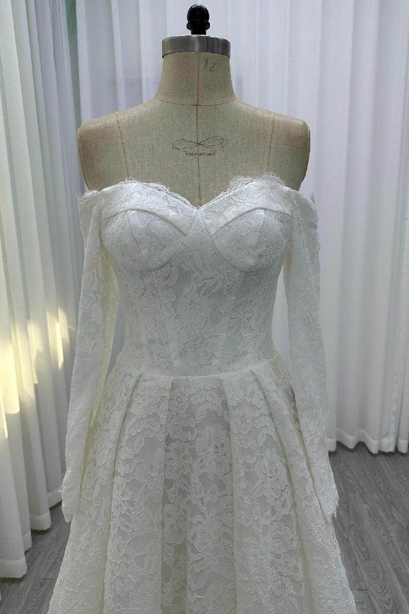 A-Line Sweep-Brush Train Lace Wedding Dress 843985458463 - COCOMELODY