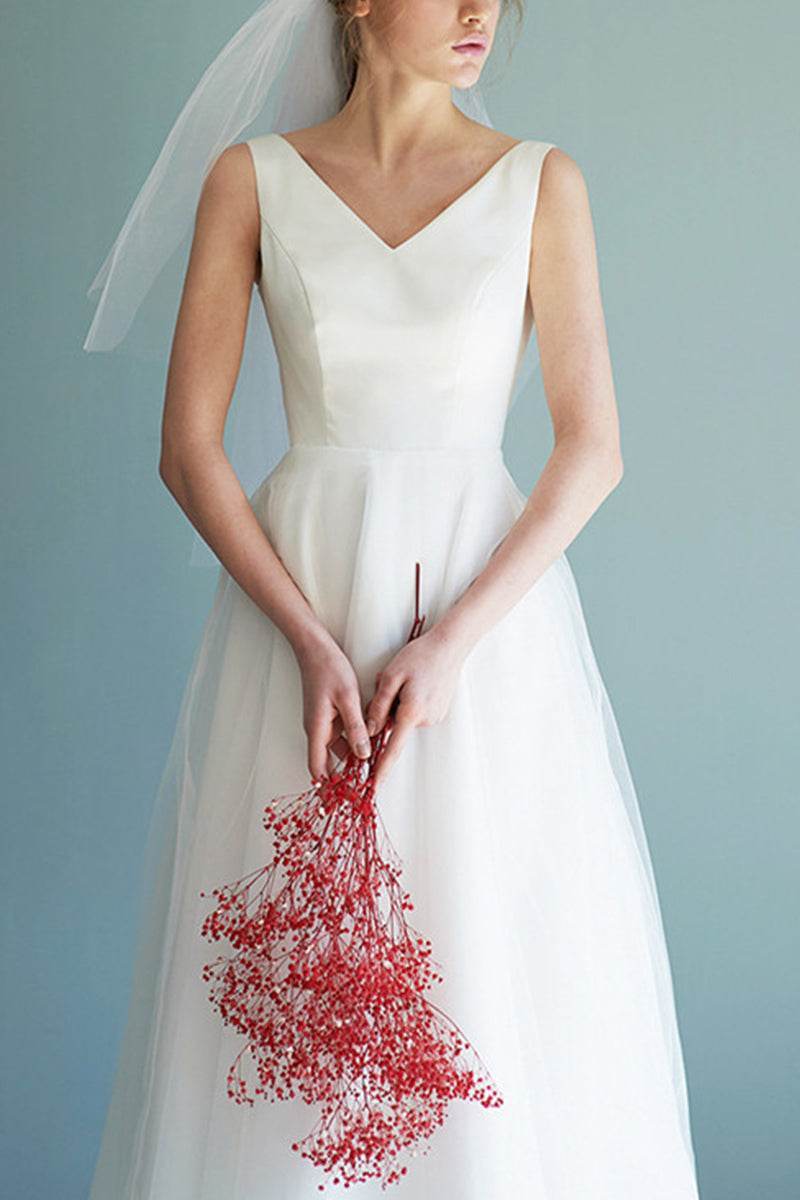 A-Line Tea Length Satin Tulle Little White Dress 615670129941 - COCOMELODY