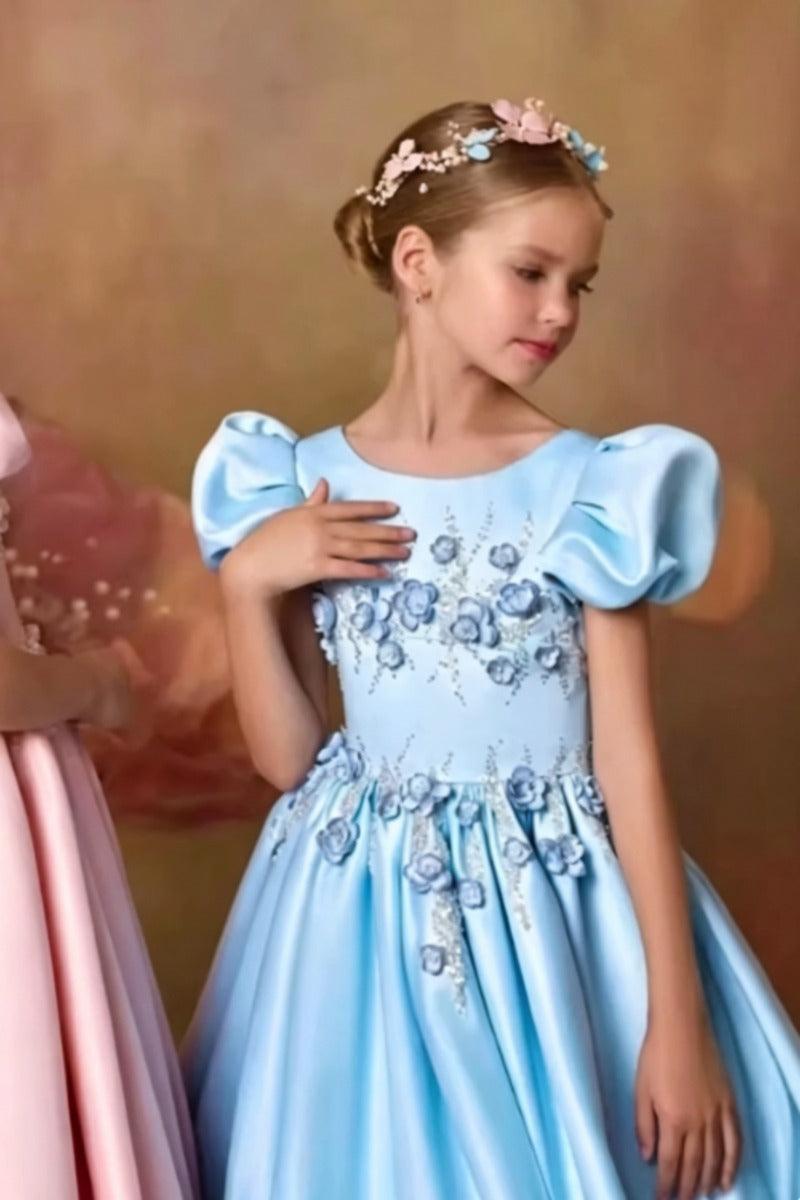 Princess Puff Short Sleeve Floral Rhinestone Satin Flower Girl Dresses 1028531621205 - 10 Days / Blue / 2 - COCOMELODY