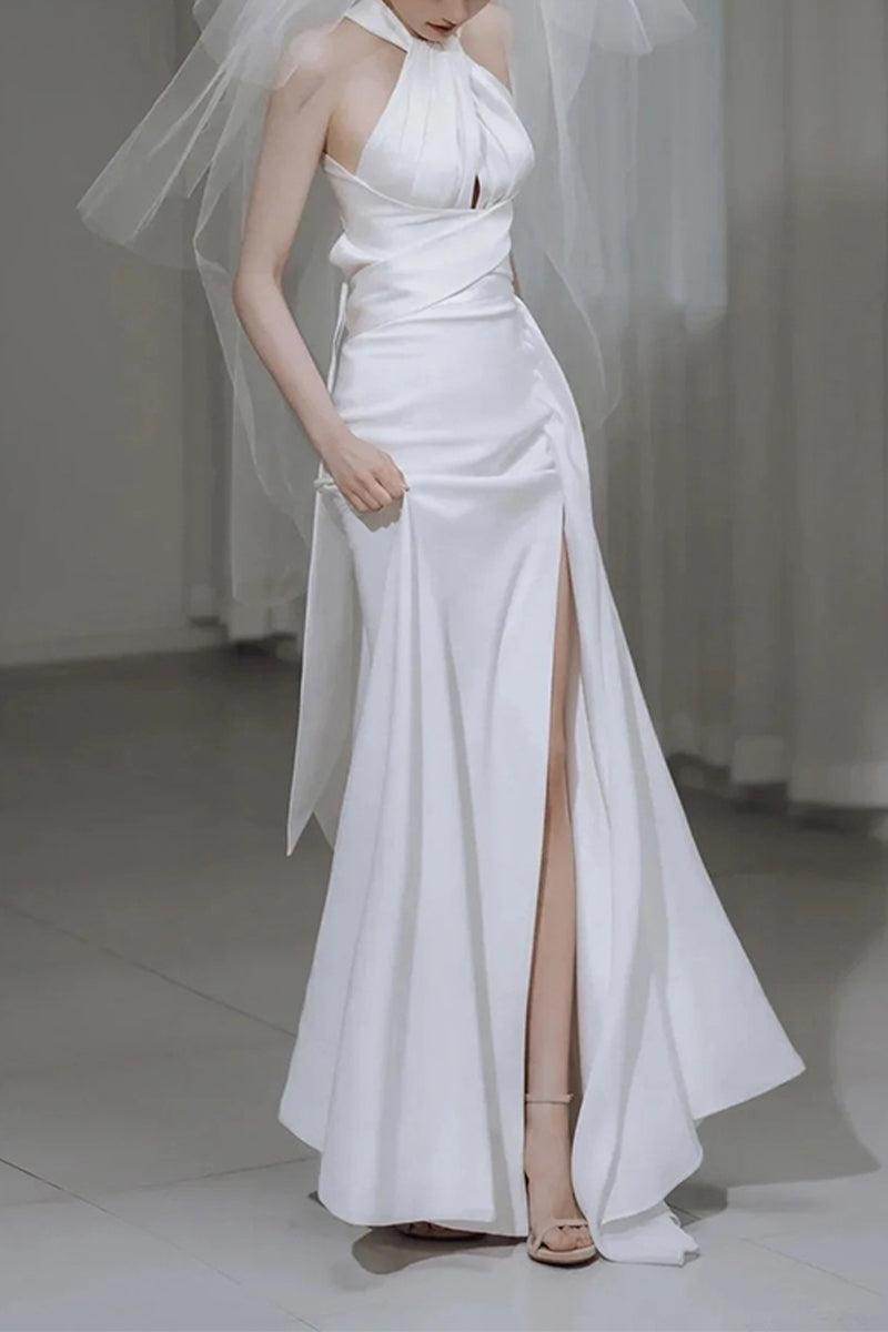 Sheath-Column Sweep-Brush Train Satin Wedding Dress 681178927183 - COCOMELODY