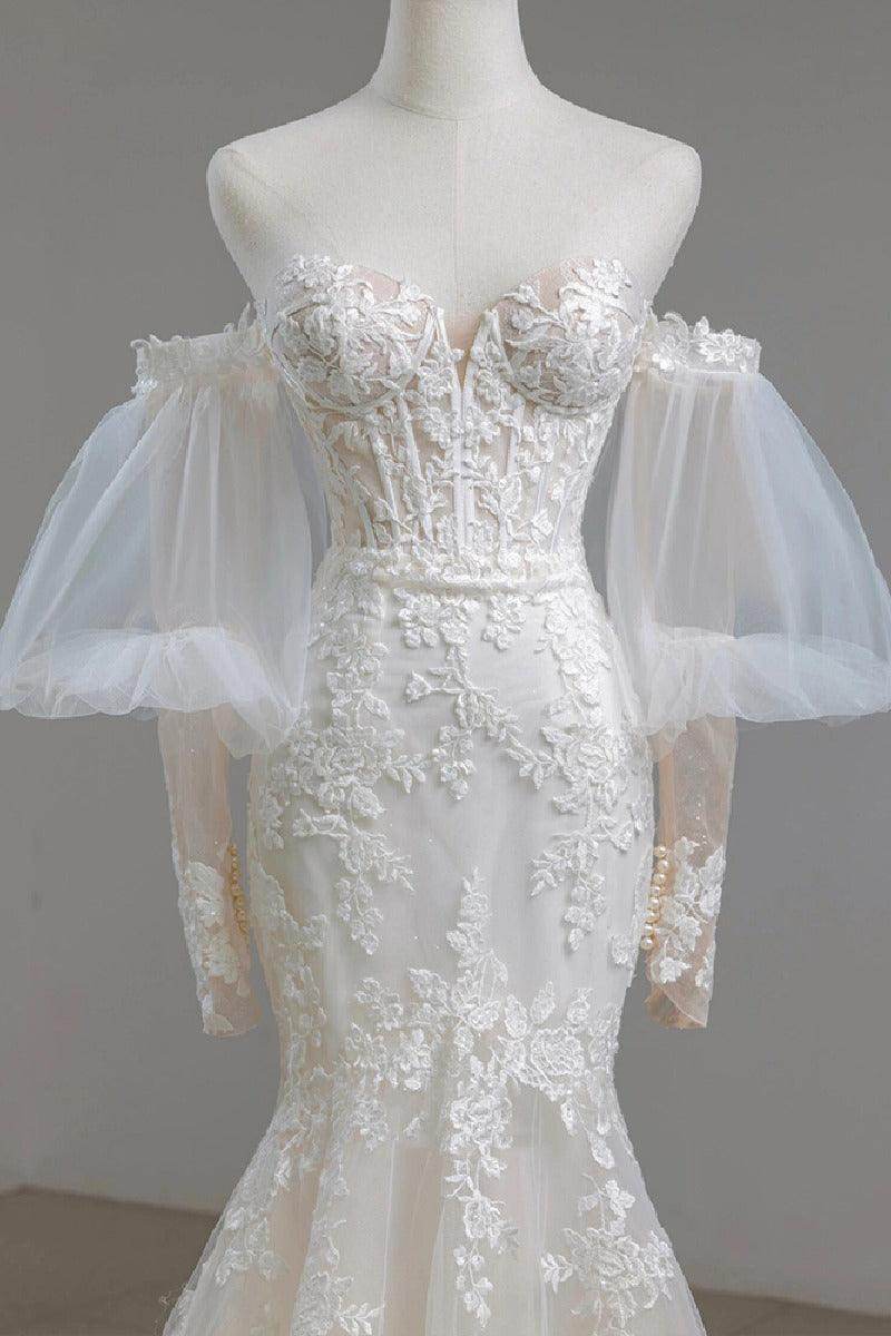 Trumpet-Mermaid Sweep-Brush Train Lace Tulle Wedding Dress795300012049 - COCOMELODY