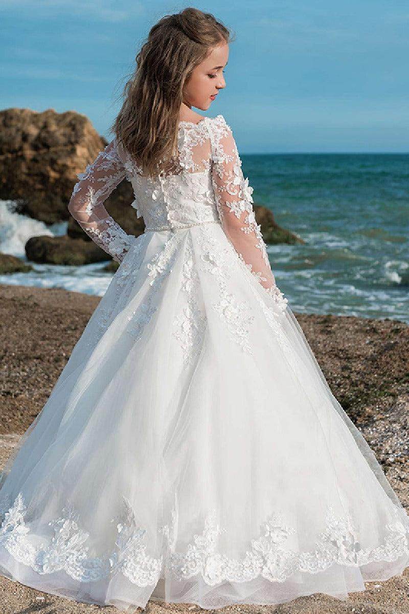 A-Line Illusion Neck Long Sleeve Lace/Tulle Flower Girl Dresses 676090301354 - COCOMELODY