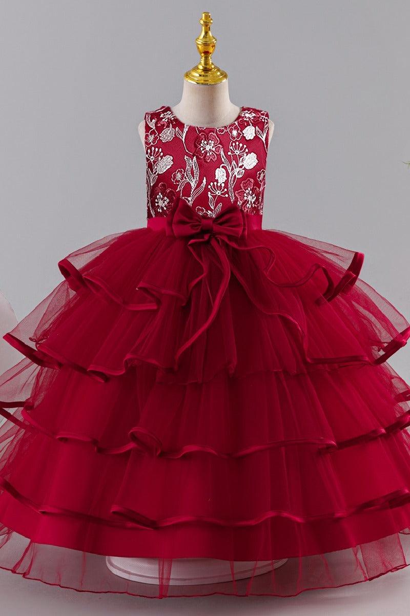 A-Line Sleeveless Round Neck Tulle Floor Length Flower Girl Dresses 1049620485587 - 7 Days / Red / 120cm - COCOMELODY