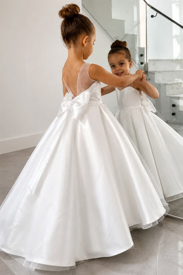 A-Line Illusion Large Bow Sweep-Brush Train Flower Girl Dresses 944464872458 - 7 Days / White / 90cm - COCOMELODY