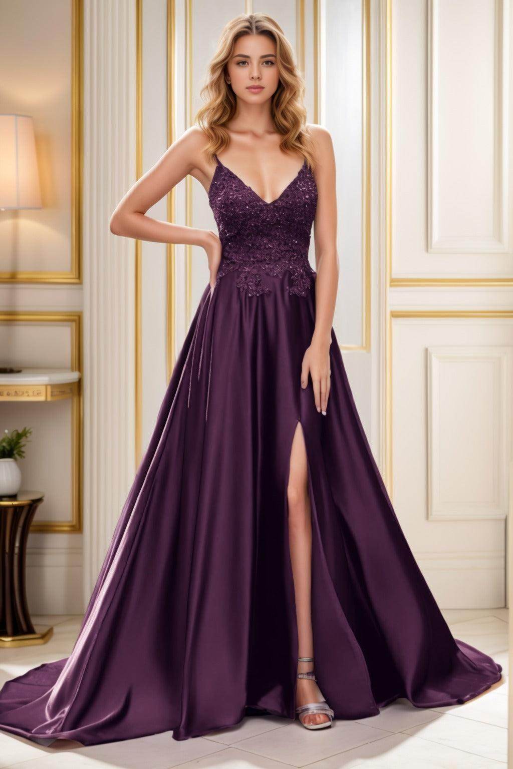 A-Line Court Train Satin Prom Dress CS0460 - COCOMELODY