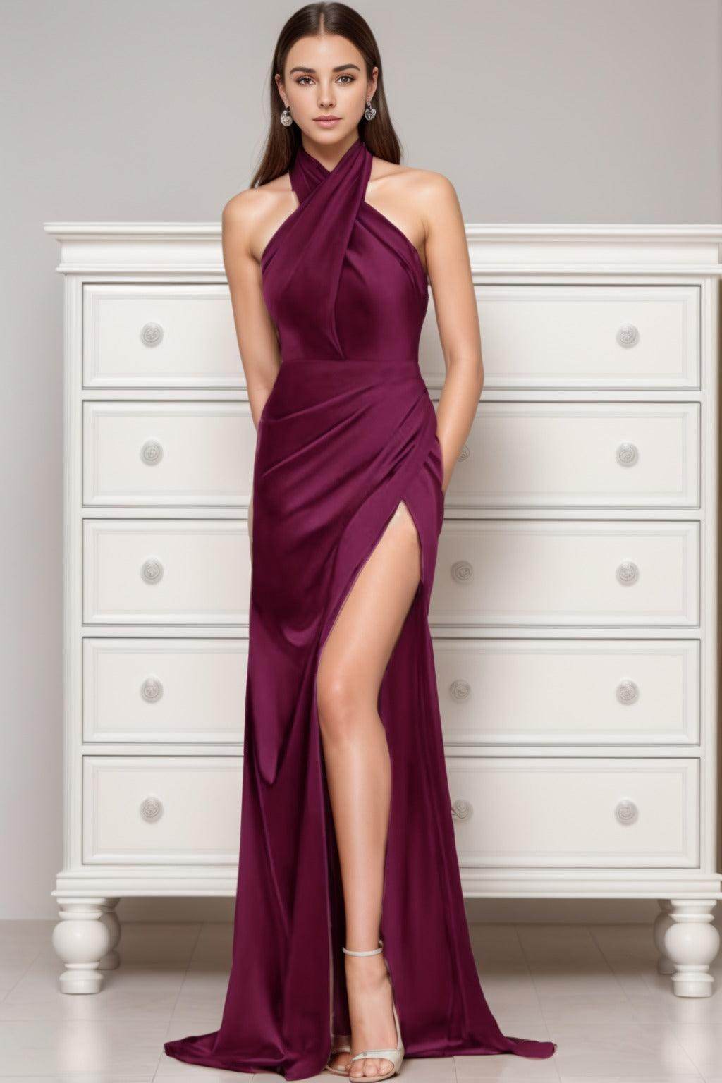 Sheath-Column Sweep-Brush Train Silk-Like Prom Dress CS0431 - COCOMELODY
