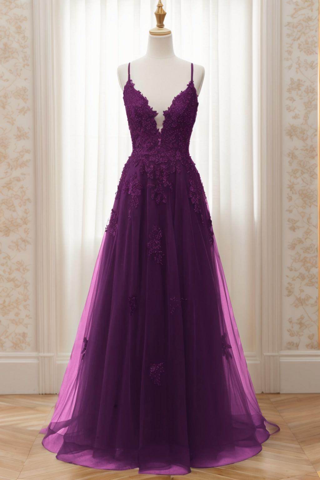 A-Line Sweep-Brush Train Tulle Prom Dress CS0463 - COCOMELODY