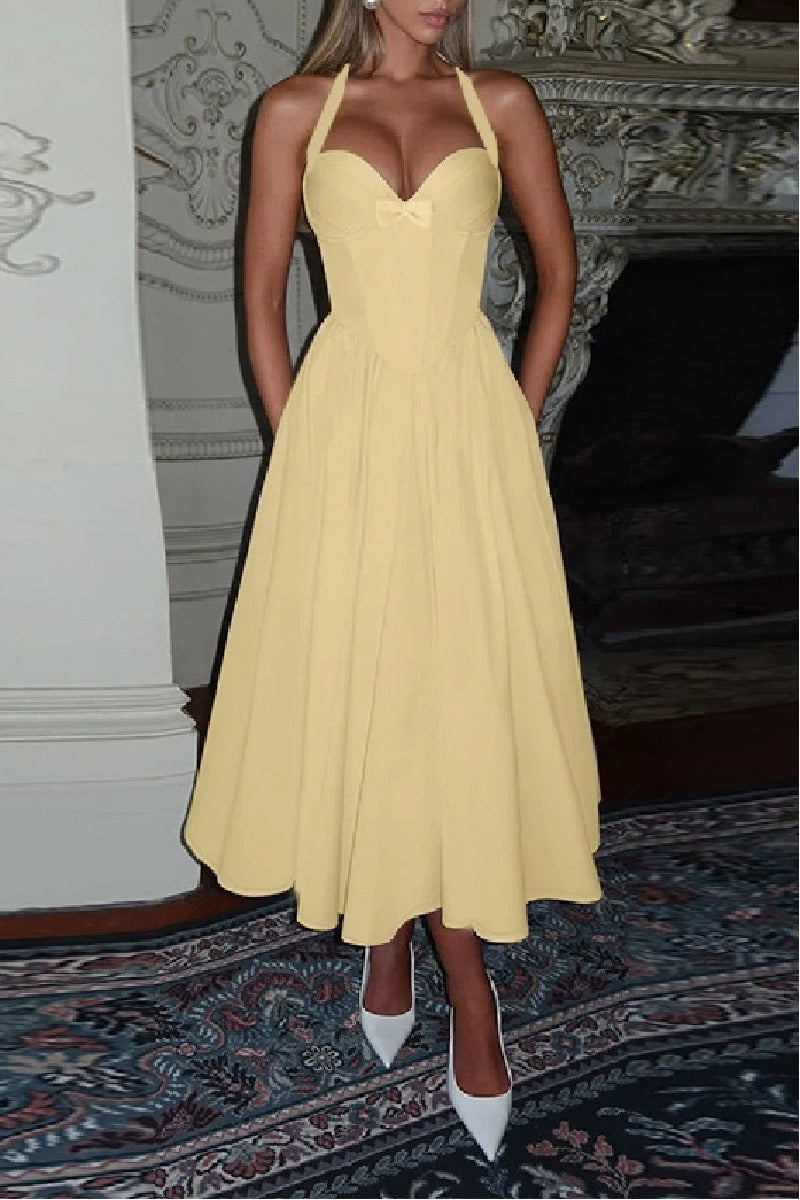 Sweetheart A-Line Tea Length Satin Wedding Guest Dress Pockets Semi-Formal Dress COCOMELODY 973789759252, 10 Days / Yellow / S