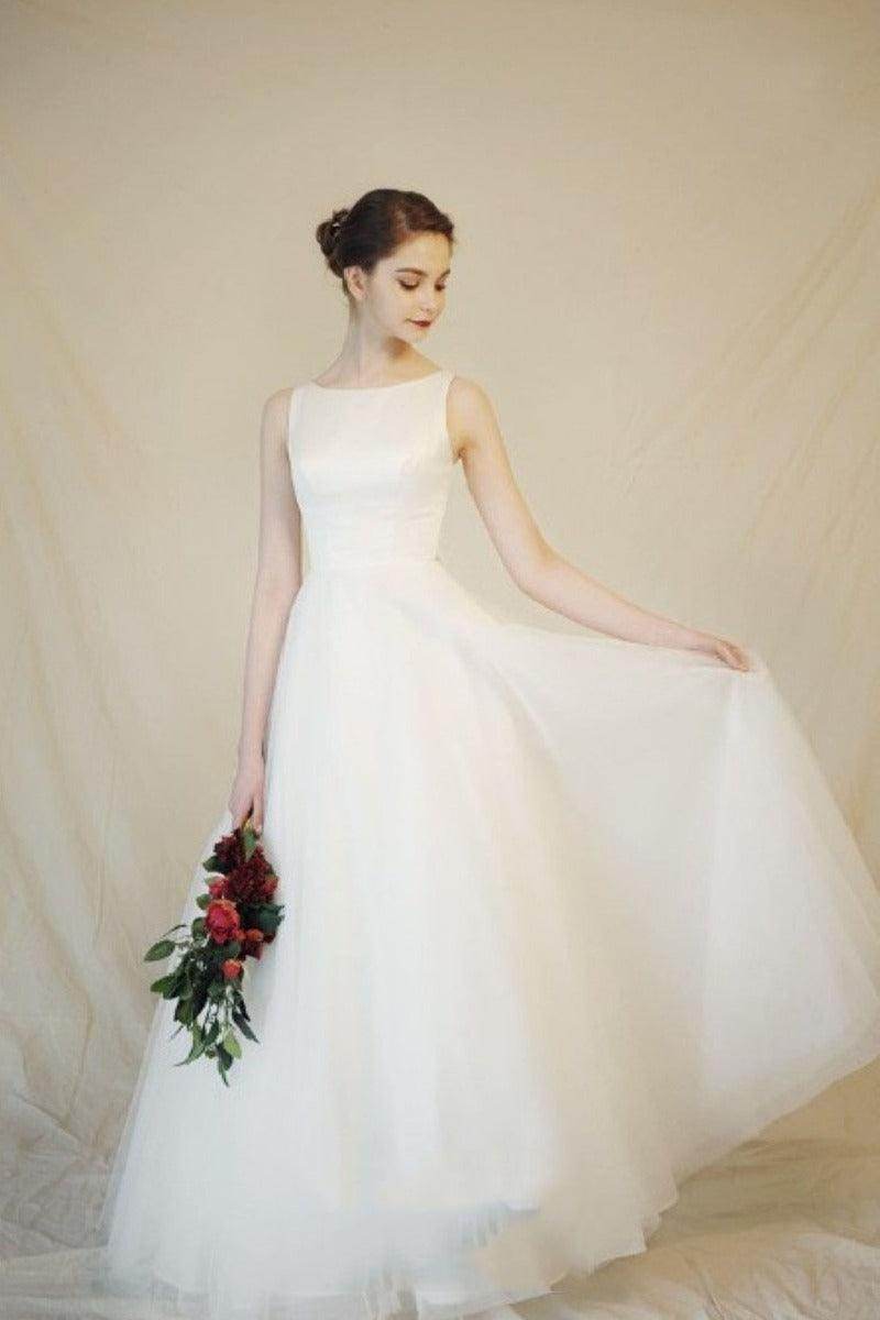 A-Line Floor Length Tulle Wedding Dress 676659628221 - COCOMELODY