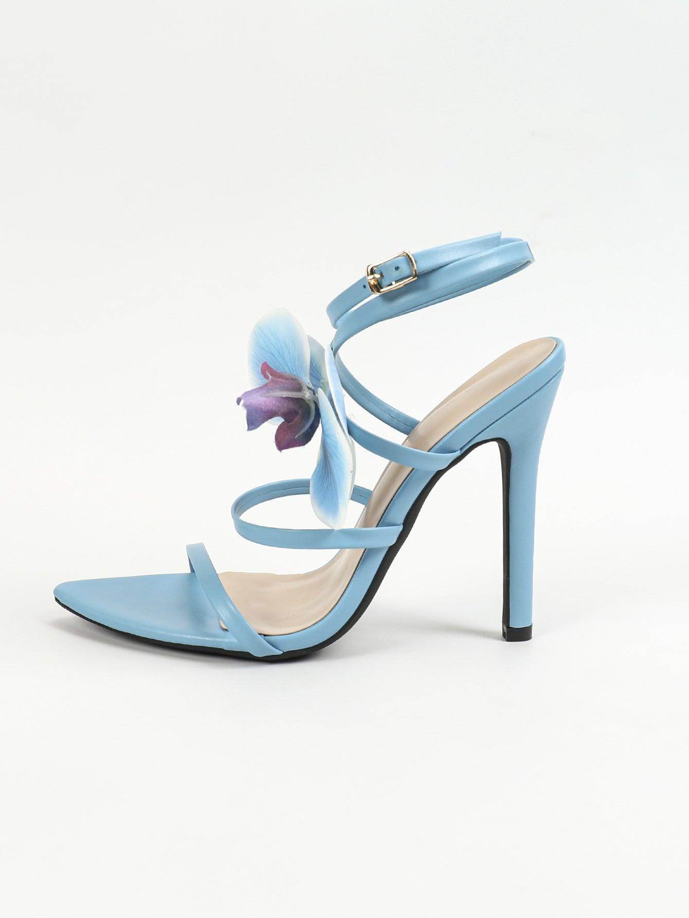 3D Flowers Cross Pointy Stiletto heel Sandals 816637125592 - COCOMELODY