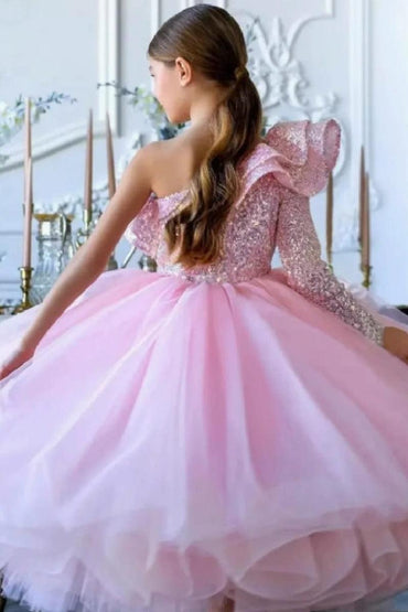 Ball Gown One Shoulder Ankle Length Tulle Ruffled Sequin Flower Girl Dresses 750104605618 - 7 Days / Pink / 2 - COCOMELODY