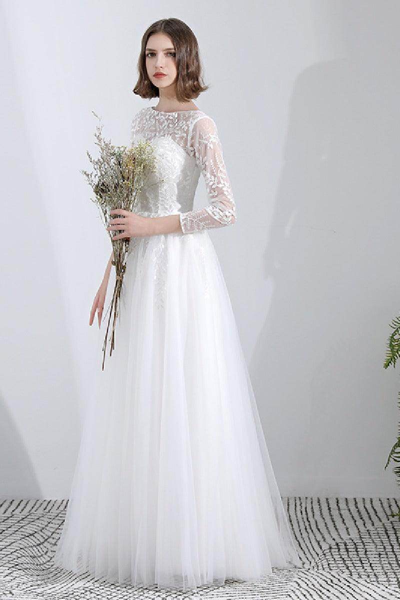 A-Line Floor Length Lace Tulle Wedding Dress 629871670095 - COCOMELODY