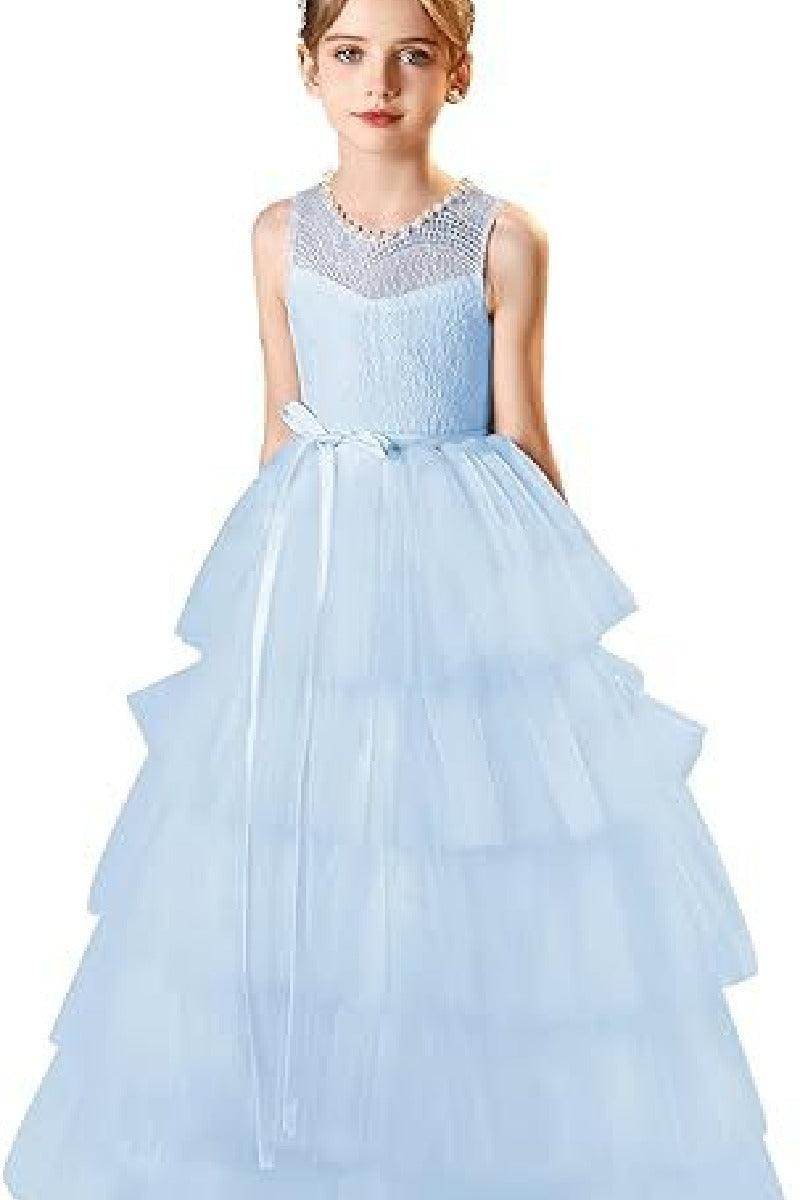 A-Line Scoop Neck Lace/Tulle Flower Girl Dresses With Cascading Ruffles 809160851086 - COCOMELODY