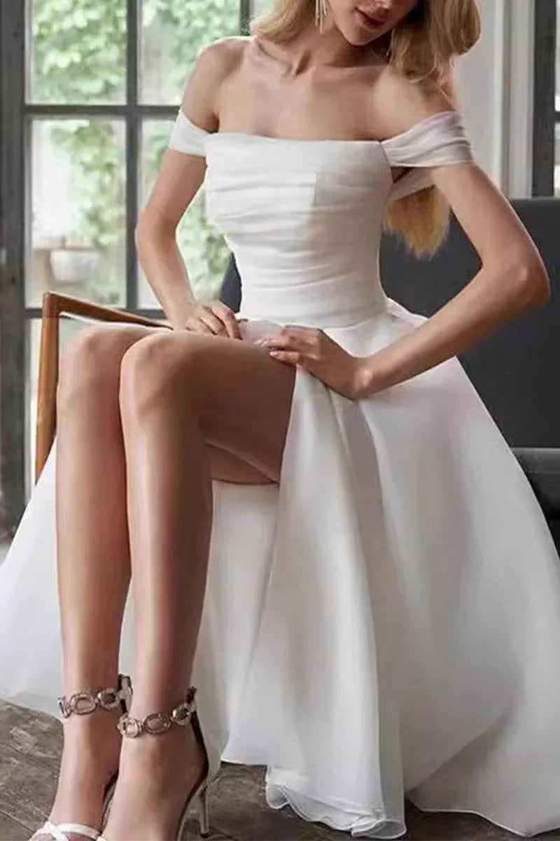 A-Line Tea Length Organza Little White Dress 100046CR - COCOMELODY