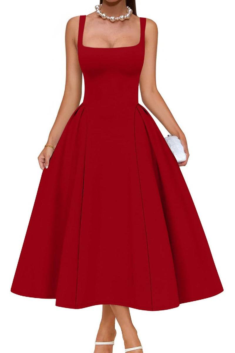 a line midi dress for wedding Elegant A-Line Polyester Midi Semi-Formal Wedding Guest Dress Square Neck Straps COCOMELODY B0F6JWWP8W, 7 Days / Fiery Red / X-Large