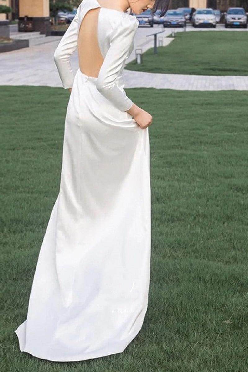 A-Line Sweep-Brush Train Satin Wedding Dress 684419472435 - COCOMELODY