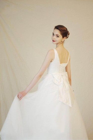 A-Line Floor Length Tulle Wedding Dress 676659628221 - COCOMELODY