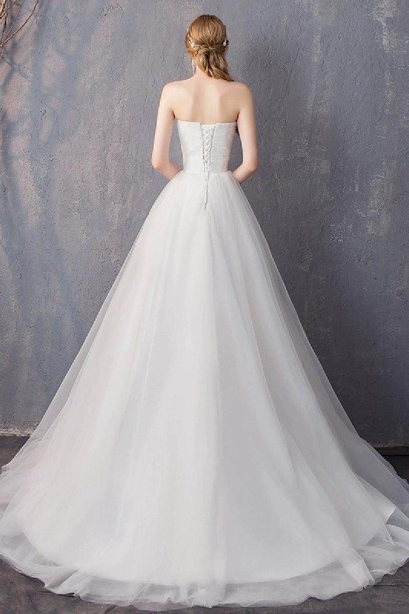 A-Line Sweep-Brush Train Tulle Wedding Dress 862474999321 - COCOMELODY