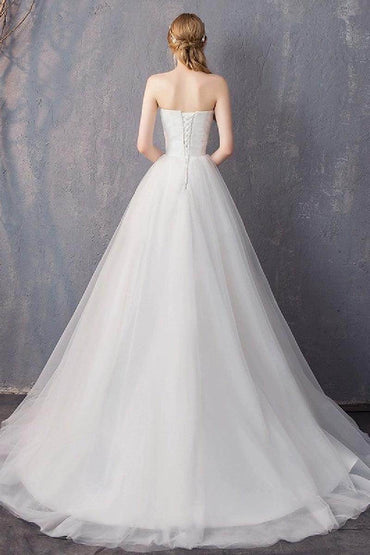 A-Line Sweep-Brush Train Tulle Wedding Dress 862474999321 - COCOMELODY