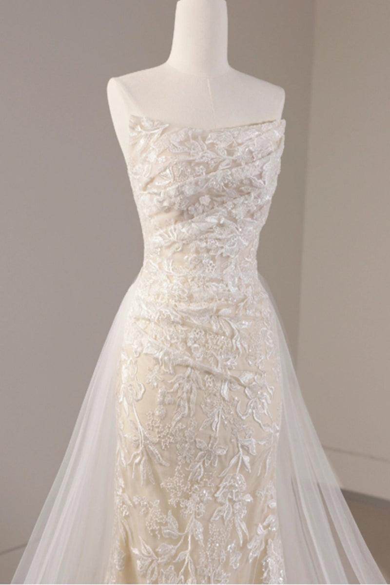 Sheath-Column Sweep-Brush Train Lace Tulle Wedding Dress 774886646233 - COCOMELODY