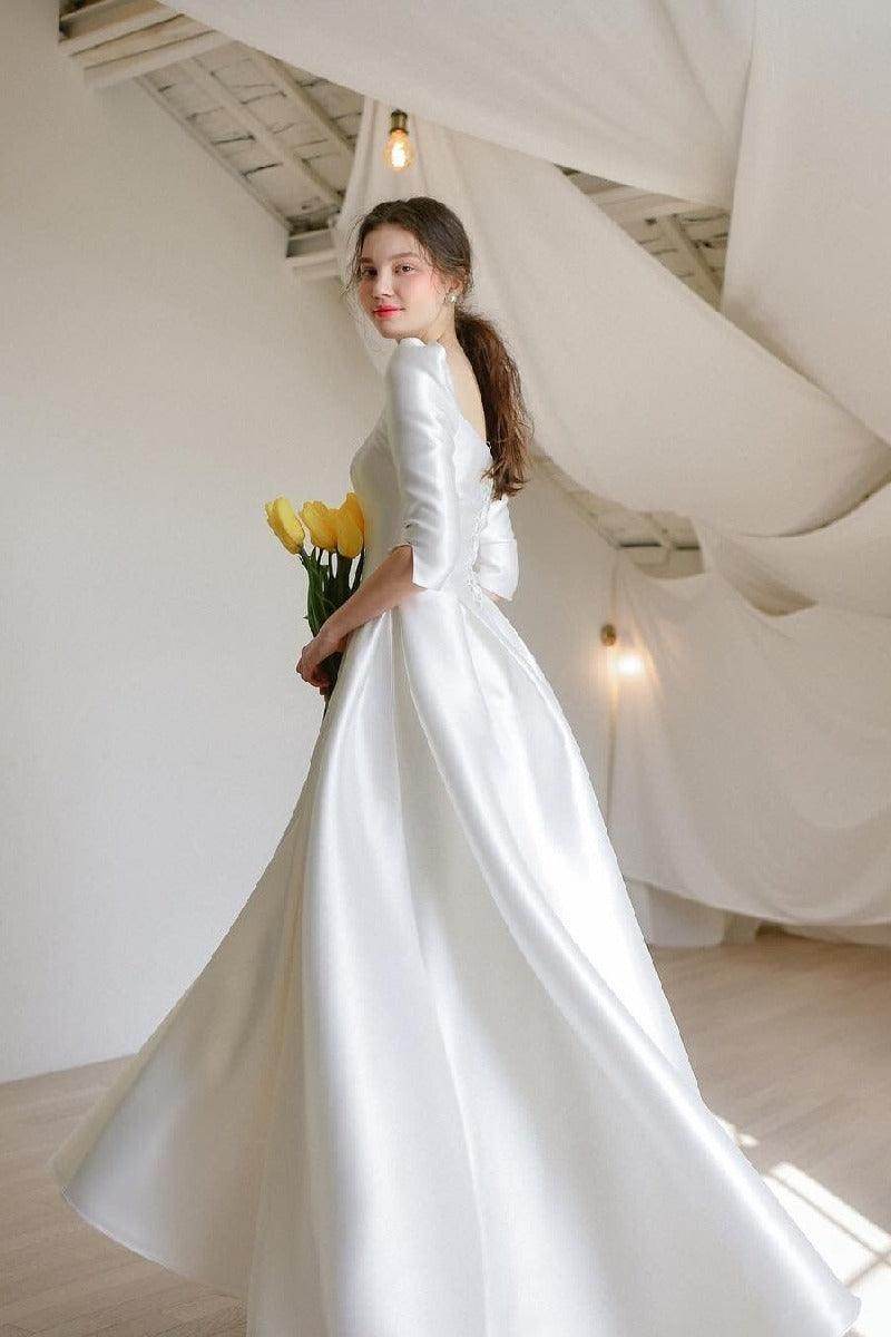A-Line High-Low Satin Wedding Dress 675834048411 - COCOMELODY