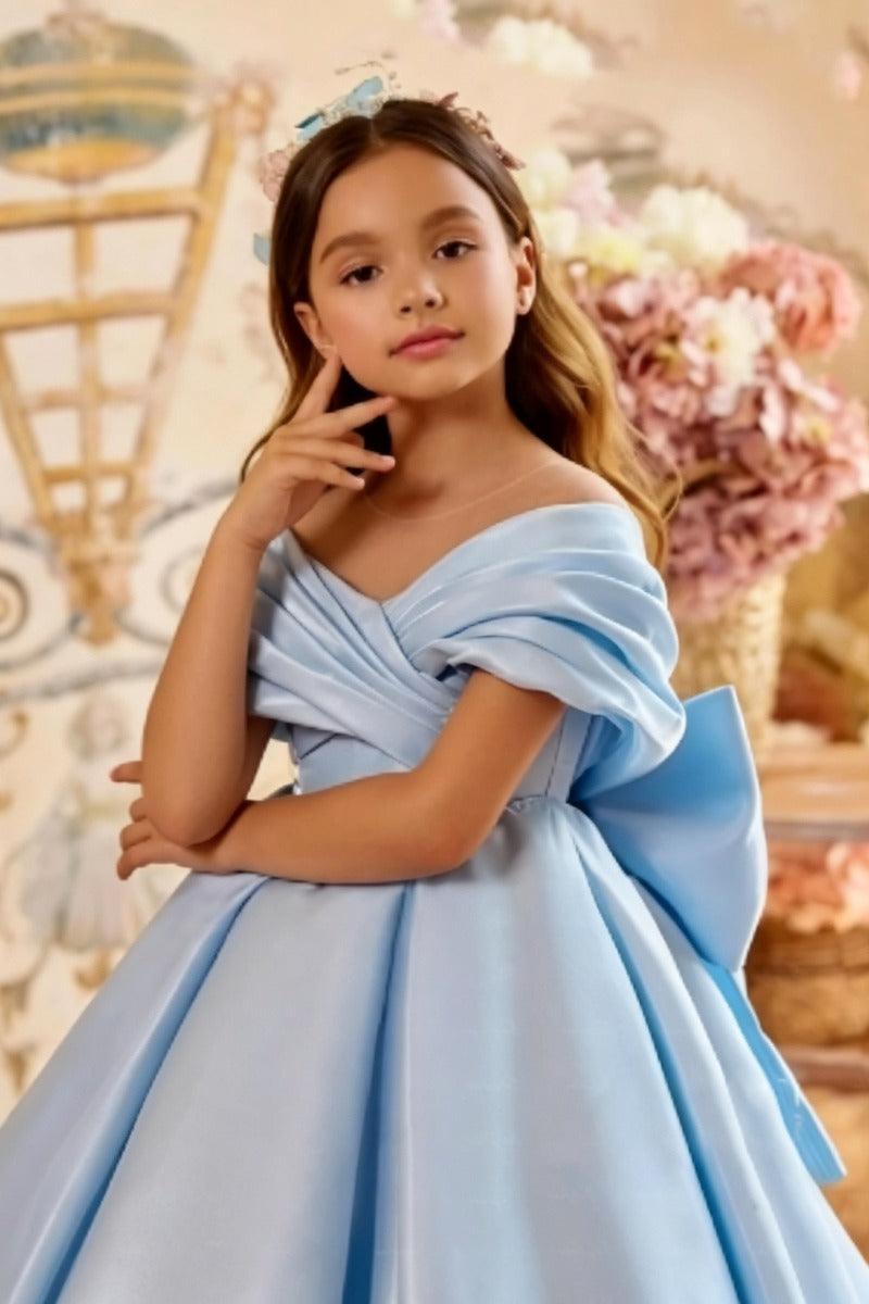 A-Line Off-Shoulder Satin Sweep-Brush Train Flower Girl Dresses 995911629571 - 10 Days / Sky Blue / 2 - COCOMELODY