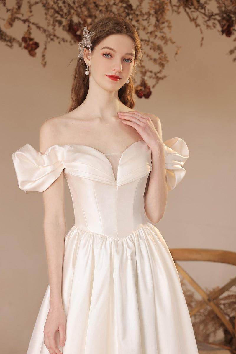 A-Line Floor Length Satin Wedding Dress 708336222057 - COCOMELODY