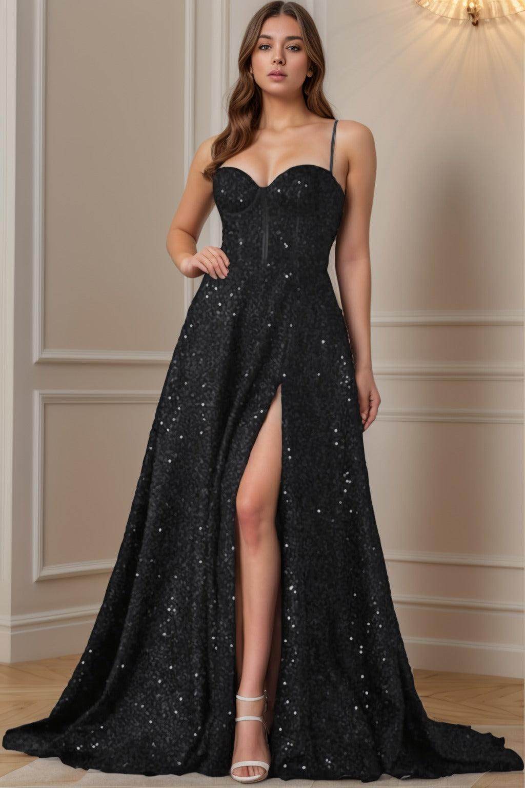 A-Line Sweep-Brush Train Sequined Prom Dress CS0404 - COCOMELODY
