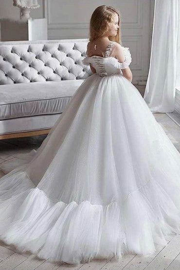 A-Line Off The Shoulder Neck Tulle Maxi Flower Girl Dresses 736522892717 - COCOMELODY