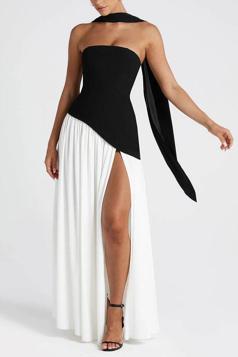 A-Line Knitted Fabric Maxi Wedding Guest Dress Slit Strapless Pleated Neck Scarf Formal Dress COCOMELODY 970800986791, 7 Days / Black/Ivory / S A-Line Knitted Fabric Maxi Wedding Guest Dress Slit Strapless Pleated Neck Scarf Formal Dress COCOMELODY 970800986791, 7 Days / Black/Ivory / S