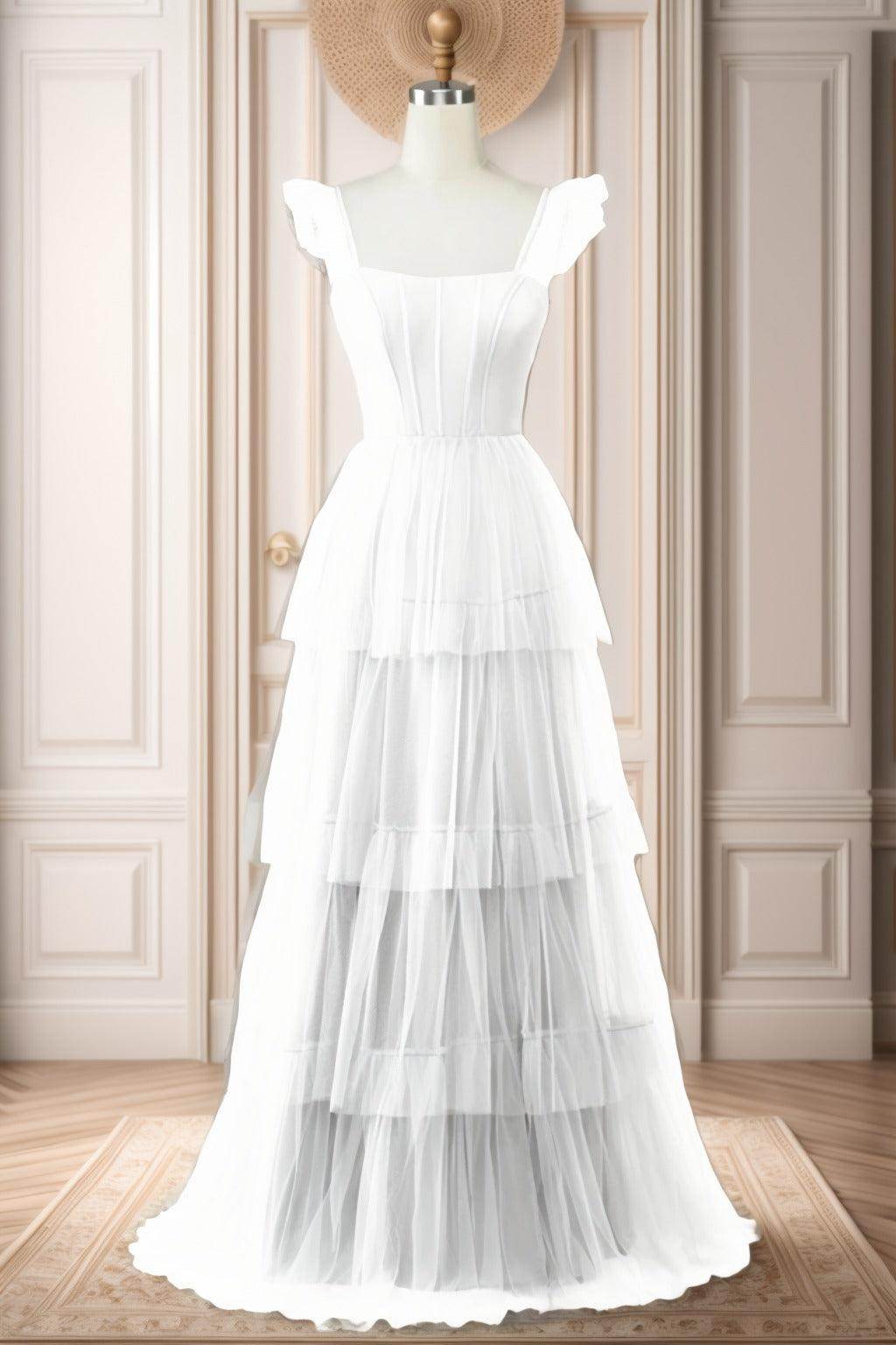 A-Line Sweep-Brush Train Tulle Prom Dress CS0471 - COCOMELODY