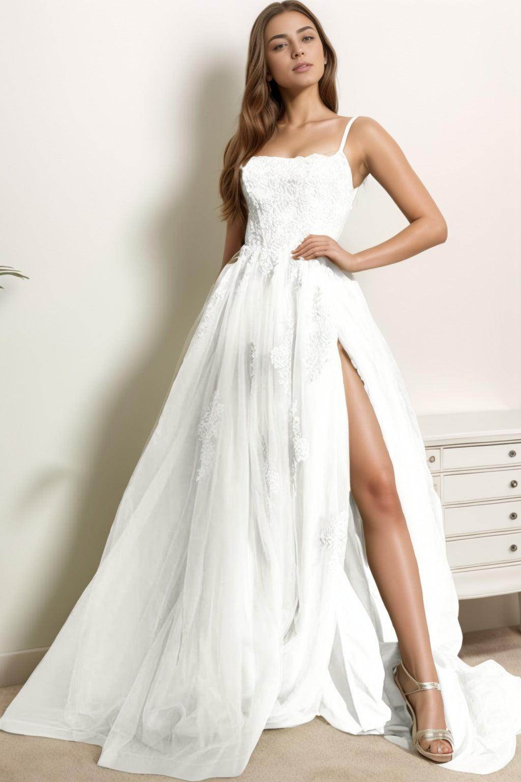 A-Line Sweep-Brush Train Tulle Prom Dress CS0415 - COCOMELODY