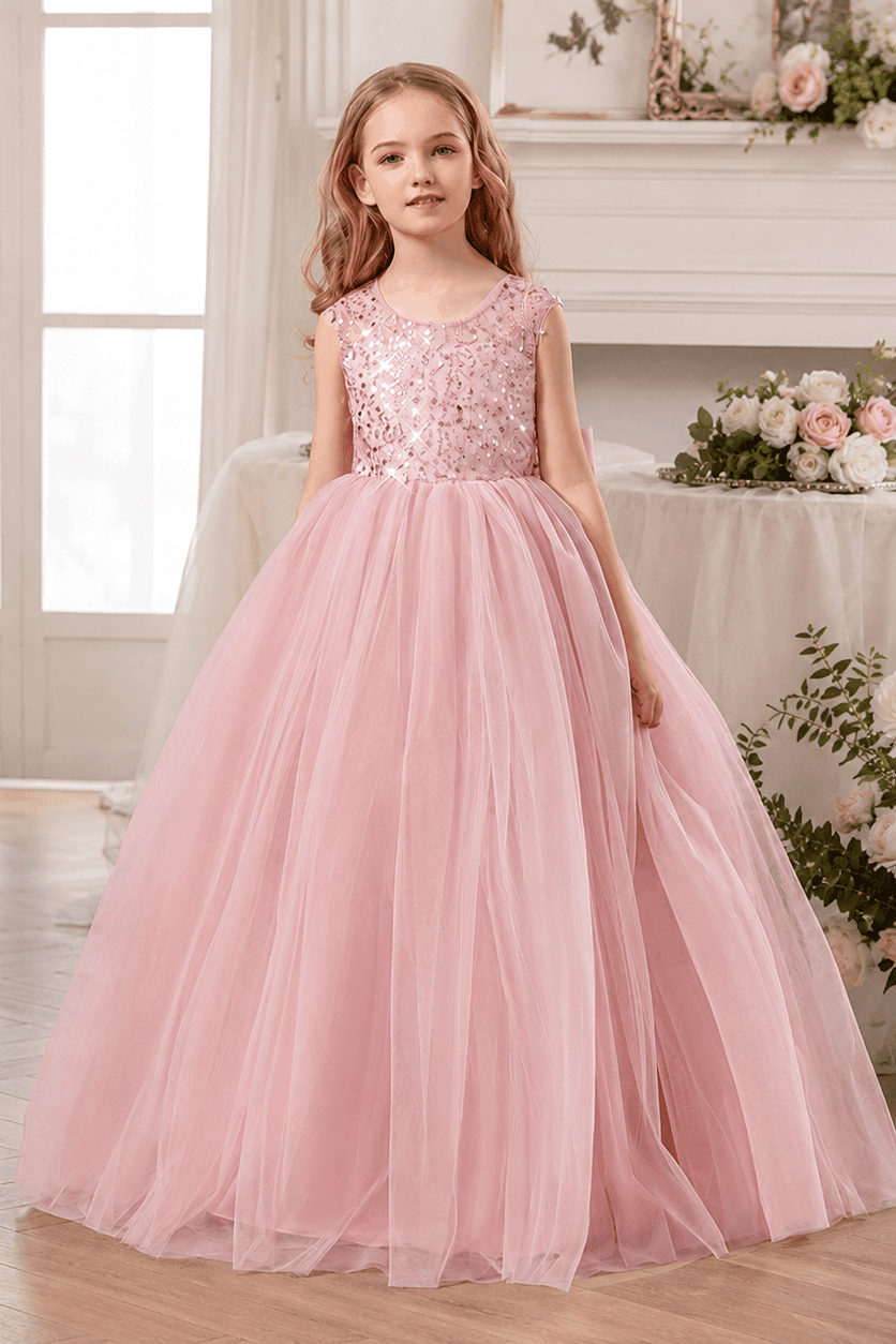 Elegant Lace Bodice Illusion Neckline Bow Back Tulle Flower Girl Dresses 901111463292 - 7 Days / Ivory / 130cm - COCOMELODY