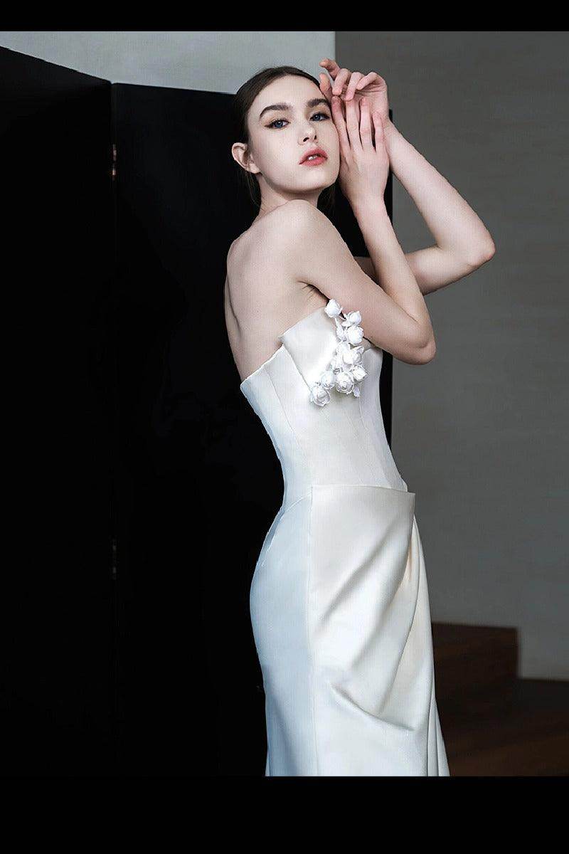Sheath-Column Sweep-Brush Train Satin Wedding Dress 761888350591 - COCOMELODY