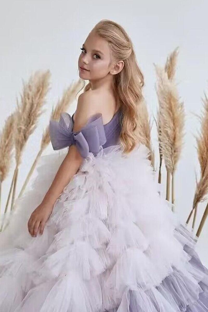 A-Line Asymmetrical One Shoulder Tiered Tulle Sweep-Brush Train Flower Girl Dresses 779839145372 - 10 Days / Purple / 2 - COCOMELODY