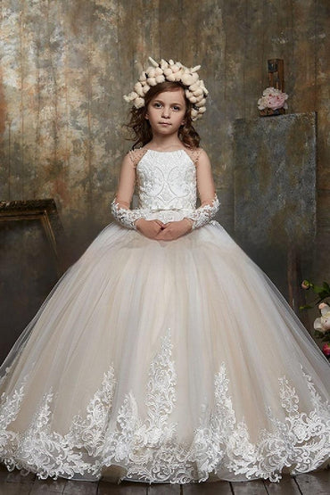 A-Line Long Sleeve Beaded Illusion Sweep-Brush Train Flower Girl Dresses 683689356211 - 7 Days / Champagne / 2 - COCOMELODY