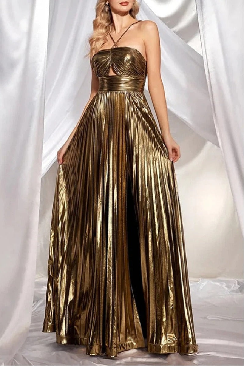 A-Line Floor Length Bronzing Fabric Wedding Guest Dress Pleats Halter Keyhole COCOMELODY 860524354429, 10 Days / Gold / L