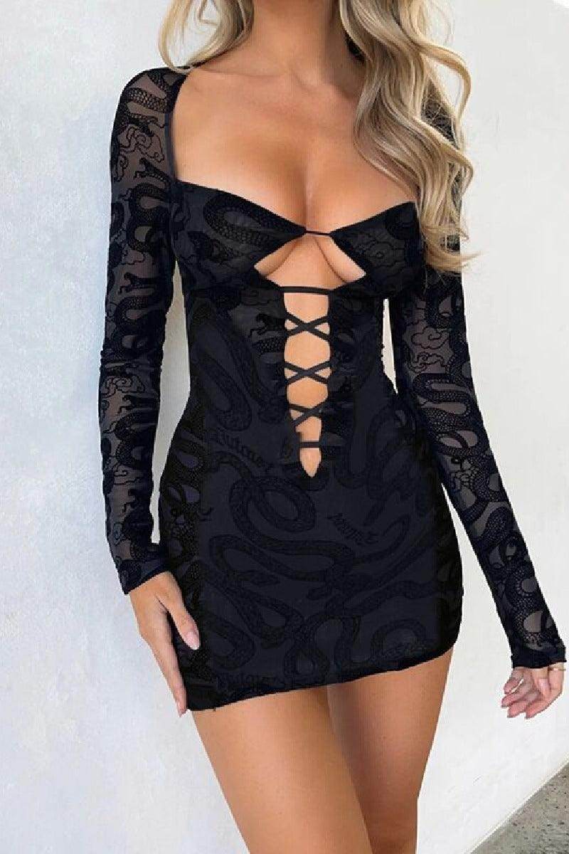 Lace long sleeve hollowed-out sexy cocktail dress 817080662499 - COCOMELODY
