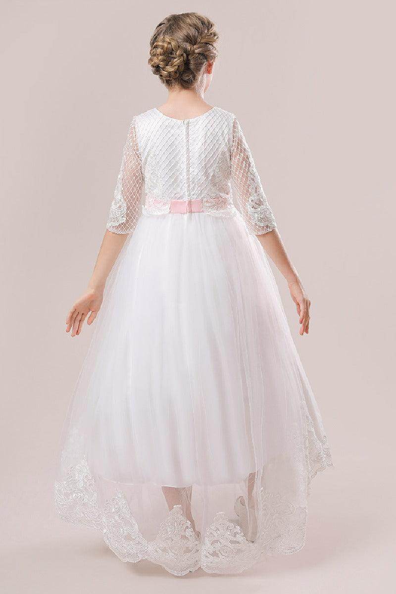 A-Line Scoop Neck 3/4 Length Sleeve Lace/Tulle Flower Girl Dresses 720237891676 - COCOMELODY
