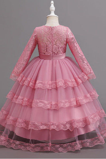 A-Line Long Sleeve Illusion Neck Tiered Lace Tulle Floor Length Flower Girl Dresses 1050524780369 - 7 Days / Dusty Rose / 120cm - COCOMELODY