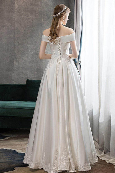 A-Line Floor Length Satin Wedding Dress 615186748563 - COCOMELODY