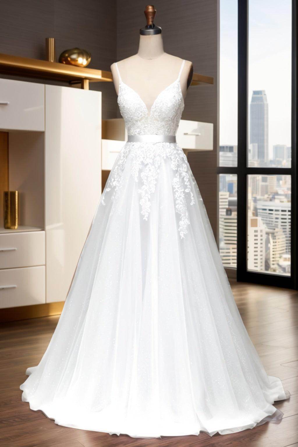 A-Line Sweep-Brush Train Tulle Prom Dress CS0464 - COCOMELODY