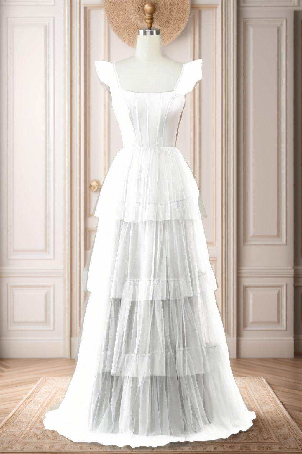 A-Line Sweep-Brush Train Tulle Prom Dress CS0471 - COCOMELODY