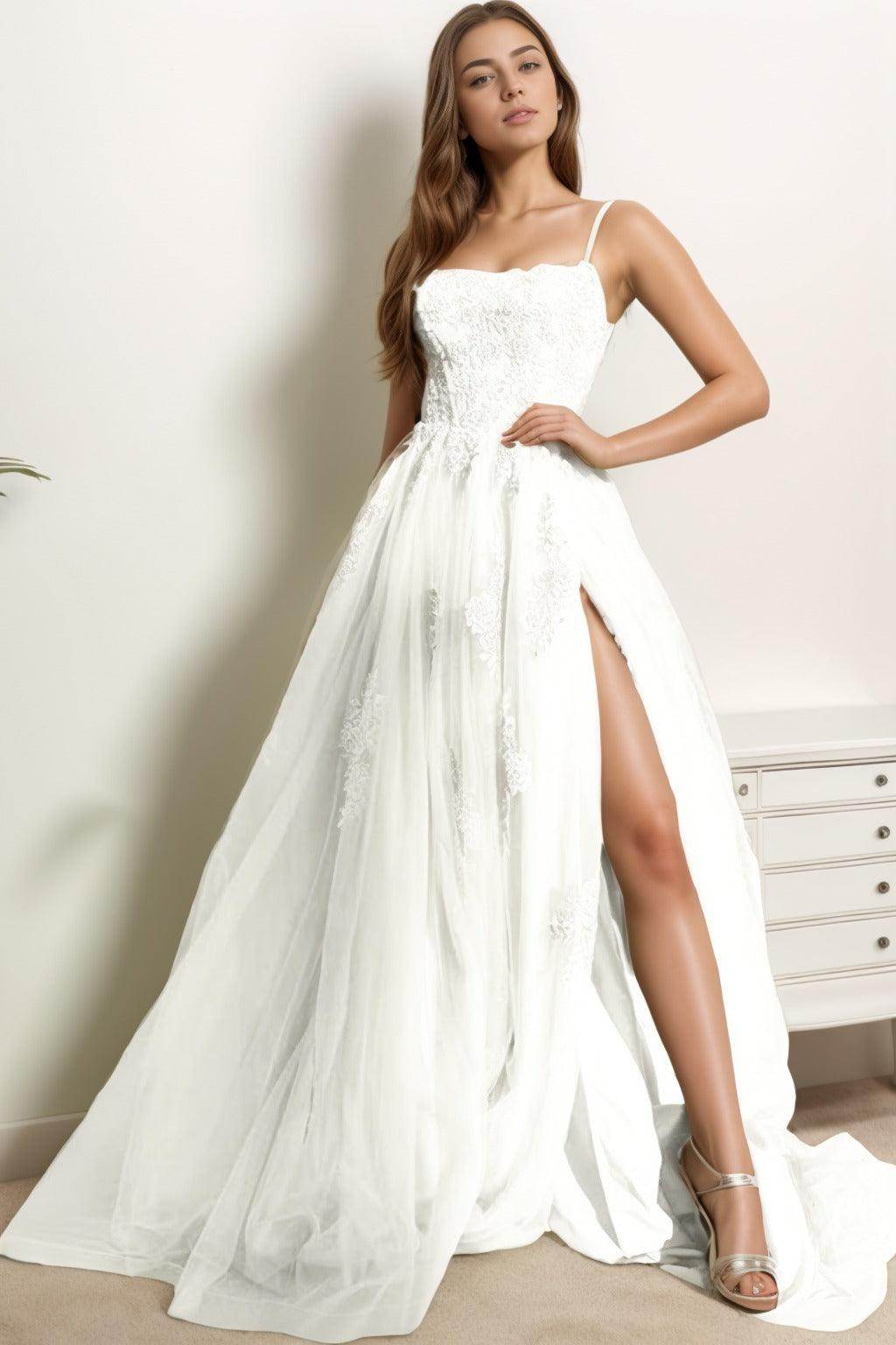 A-Line Sweep-Brush Train Tulle Prom Dress CS0415 - COCOMELODY