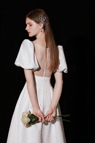 A-Line Floor Length Satin Wedding Dress 676166316331 - COCOMELODY