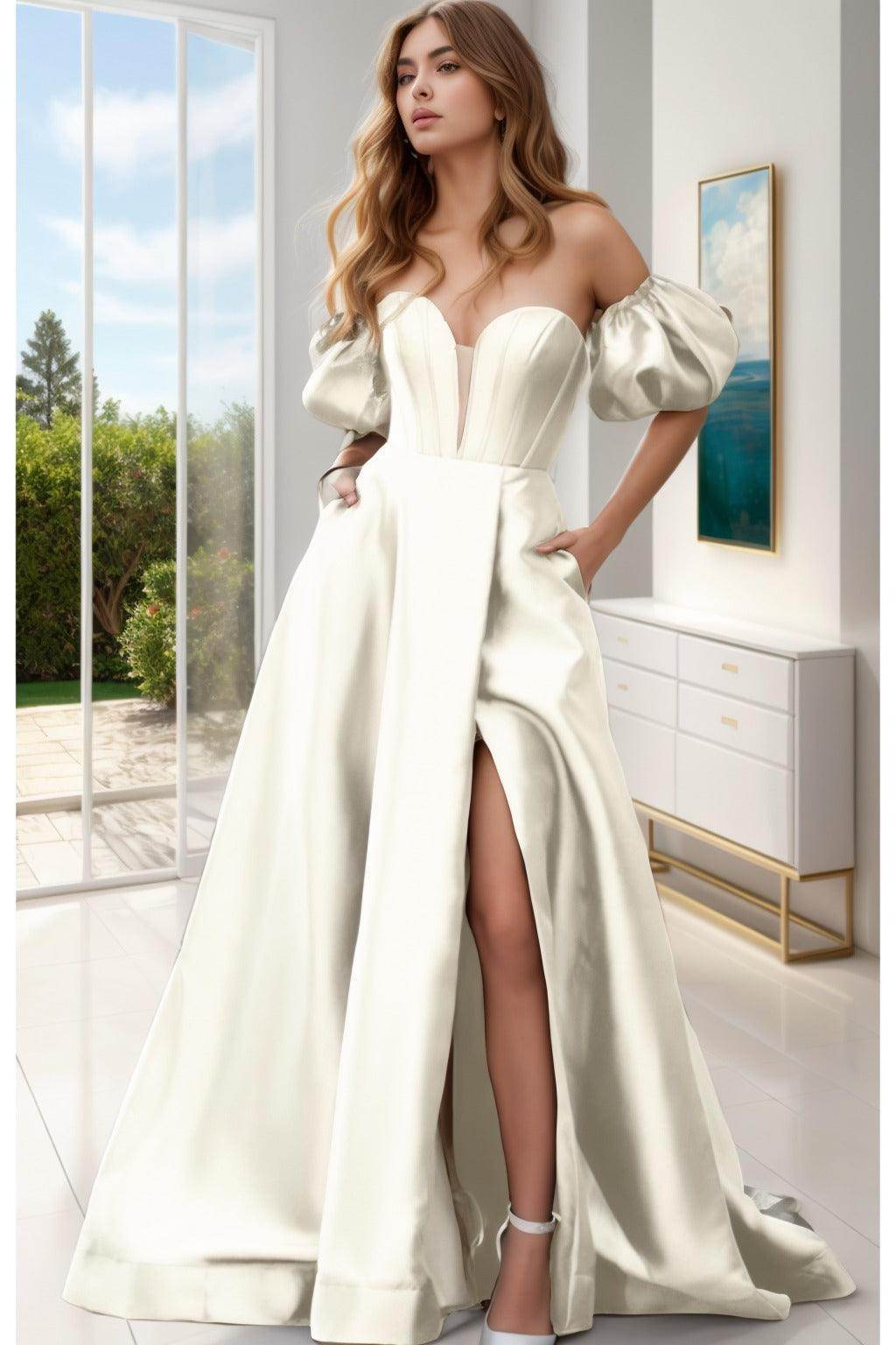 A-Line Sweep-Brush Train Satin Prom Dress CS0448 - COCOMELODY